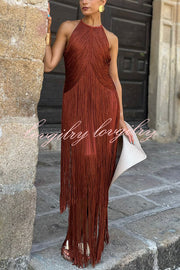 Fashion Sleeveless Halter Neck Elegant Tassel Slim Maxi Dress