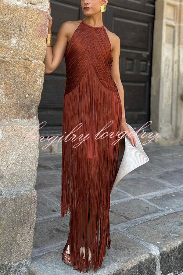 Fashion Sleeveless Halter Neck Elegant Tassel Slim Maxi Dress