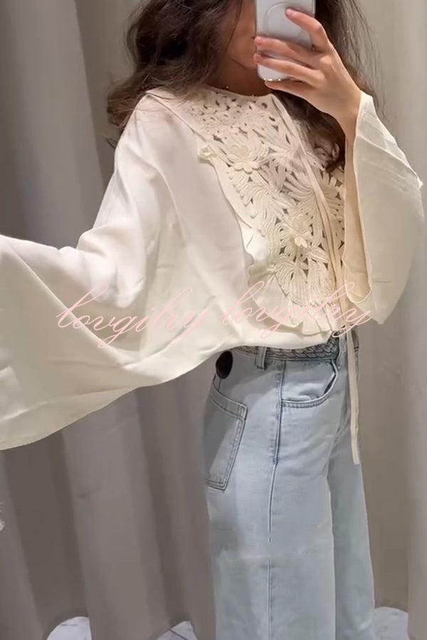 Fashionable Round Neck Tie Hollow Stitching Casual Shirt