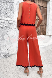 Wave Trimmed Round Neck Buttoned Elastic Waist Pants Suit