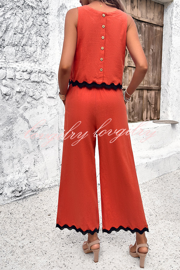 Wave Trimmed Round Neck Buttoned Elastic Waist Pants Suit