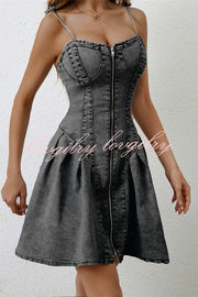 Fashionable Patchwork Suspender Zipper Slim Denim Mini Dress