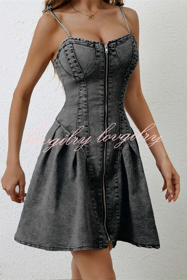 Fashionable Patchwork Suspender Zipper Slim Denim Mini Dress