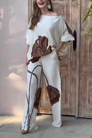 Floral Print Batwing Sleeves Loose-fitting Top and Relaxed Pocket Straight Pants Set