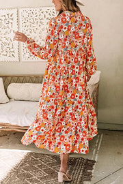 Bohemian Floral Print Loose Casual Long Sleeve Midi Dress