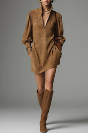 Stylish Loose-fitting Suede Zip-up V-neck Mini Dress