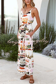 Unique Beach Vacation Print V-neck Suspenders Casual Wide-leg Jumpsuit