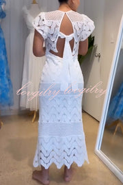 Elouise Wave Dot Embroidery Lace Back Tie-up Top and Elastic Waist Maxi Skirt Set