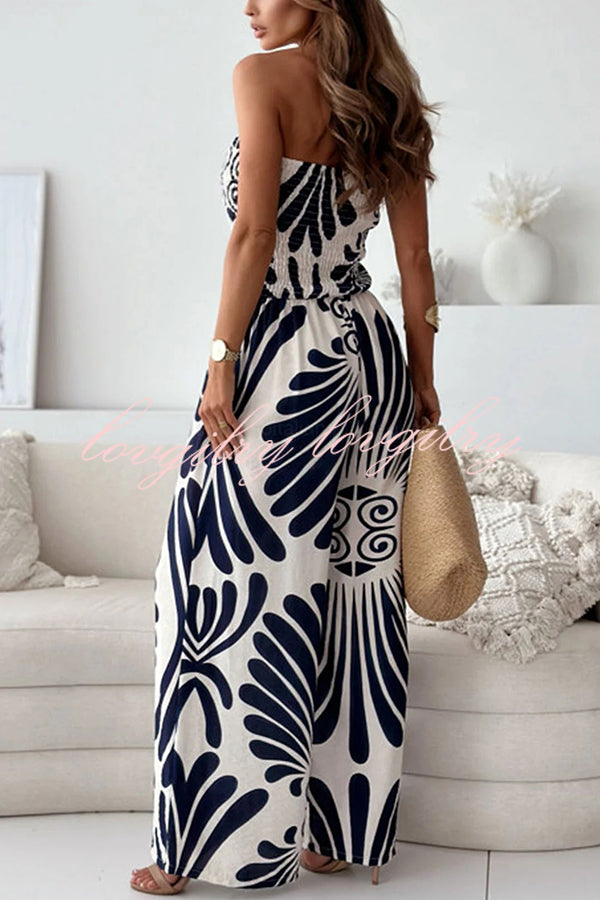 Unique Print Off-shoulder Pleated Casual Wide-leg Jumpsuit