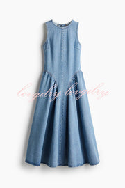 Classic and Stylish Denim Open Back Tie-up Gathered Hip Stretch Midi Dress