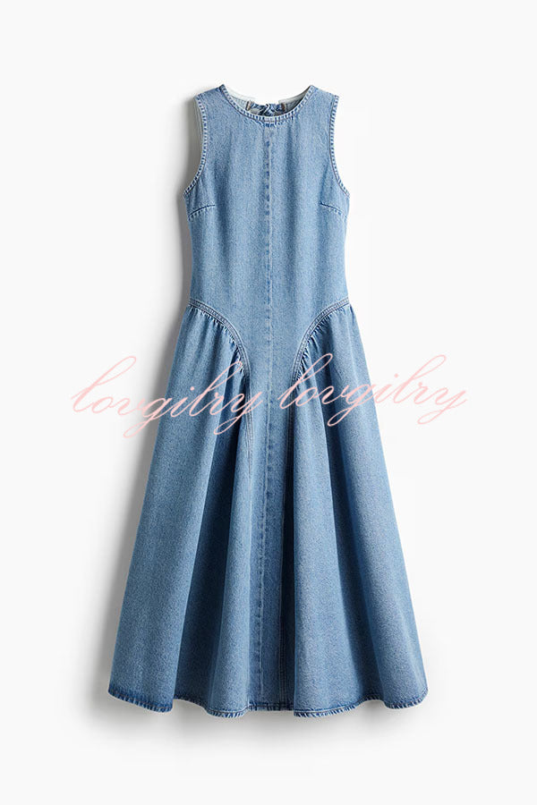 Classic and Stylish Denim Open Back Tie-up Gathered Hip Stretch Midi Dress