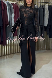 Fenna Sheer Floral Sequin Shoulder Pads Long Sleeve Drape Slit Maxi Dress