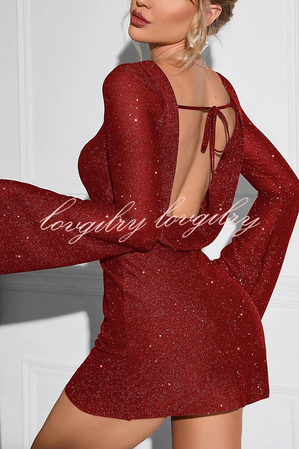 Solid Sequined Open Back Lace Up Mini Dress