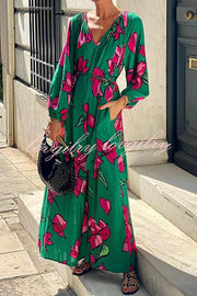 Gramercy Garden Floral Print Pocket Belted Long Sleeve Maxi Dress