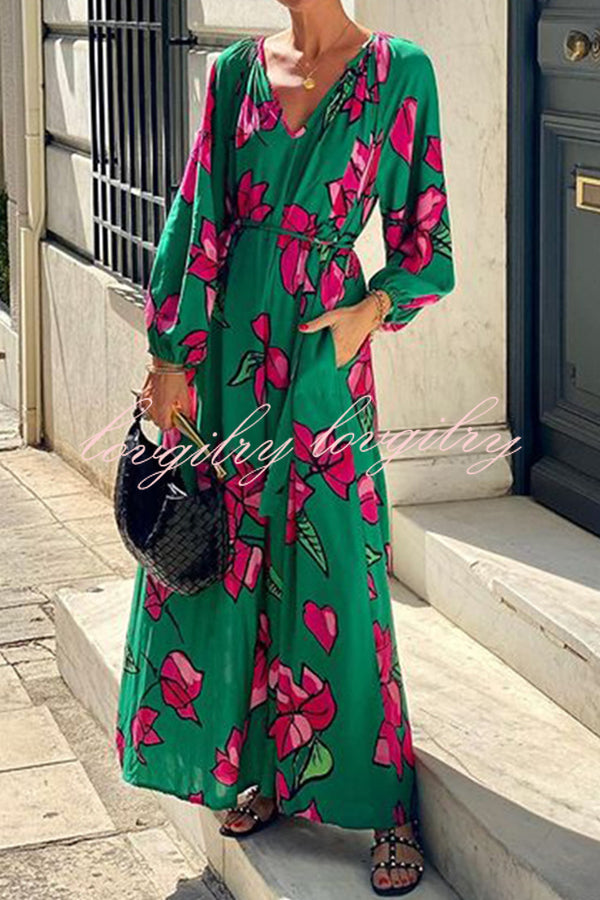 Gramercy Garden Floral Print Pocket Belted Long Sleeve Maxi Dress