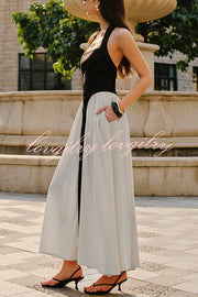 Fashion Contrast Color Stitching Sleeveless Backless Slim Maxi Dress