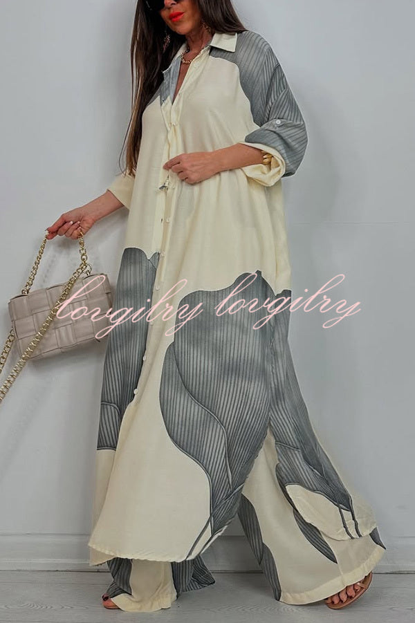 Unique Printed Casual Loose Long Shirt and Elastic Waist Pocket Wide Leg Pants Set