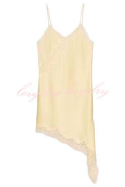 Elouise Satin Lace Trim V-neck Asymmetrical Hem Slip Mini Dress