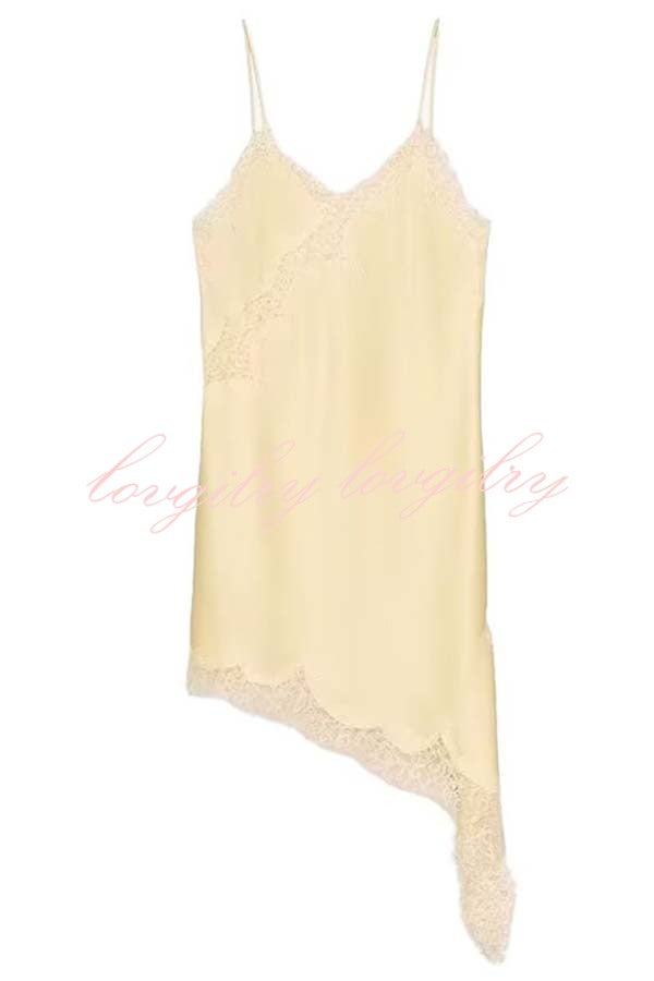 Elouise Satin Lace Trim V-neck Asymmetrical Hem Slip Mini Dress