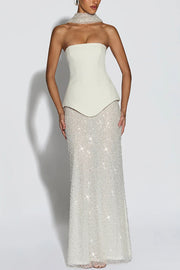 Oakley Corset Strapless Top and Sequin High Rise Maxi Skirt Scarf Set