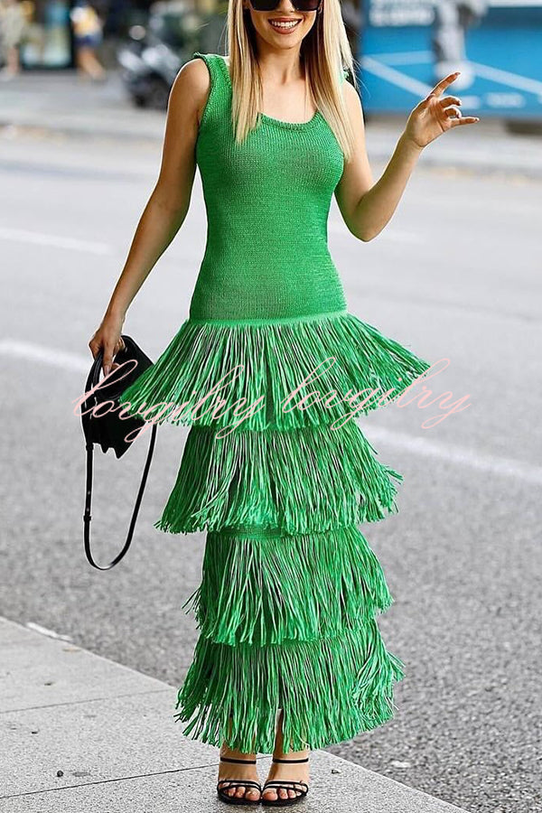 Solid Color Sleeveless Slim Fit Fringed Hem Knitted Midi Dress