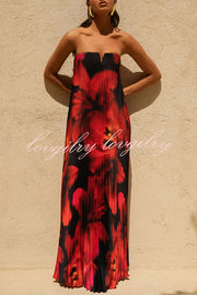 For Every Occasion Satin Pleated Floral Print V-wire Bandeau Neck Maxi Dress
