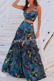 Unique Printed Suspenders Top and Loose Paneled Beach Maxi Skirt Set