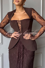 Belle Contrast Sheer Lace Fabric Patchwork Square Neck Long Sleeve Drape Maxi Dress