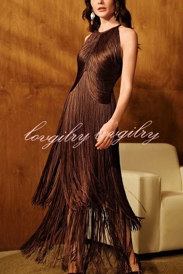 Fashion Sleeveless Halter Neck Elegant Tassel Slim Maxi Dress