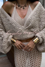 Fashion Front Cross Loose Lantern Sleeve Knitted Top