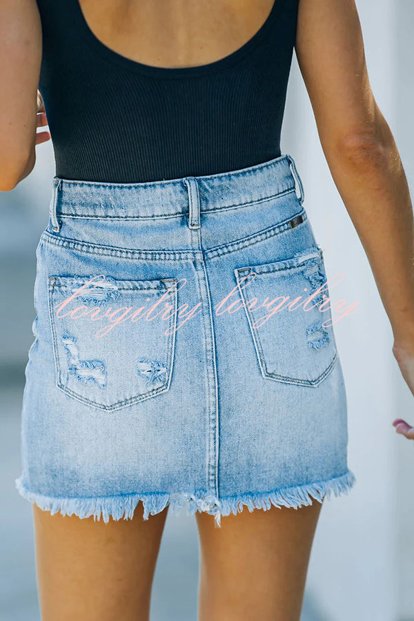 Ripped Frayed Pocket Denim Skirt