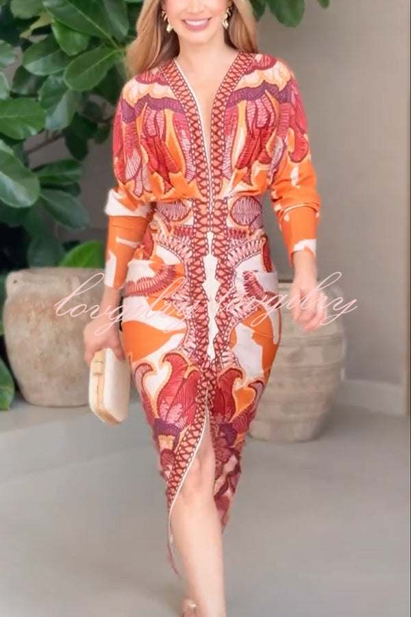 Brazilian Style Unique Print Dolman Long Sleeve Ruched Slit Midi Dress