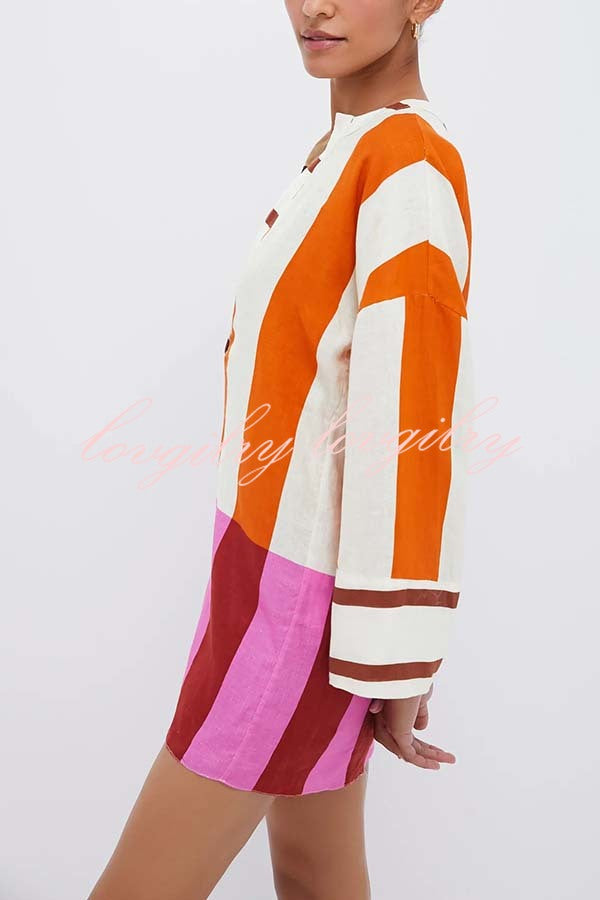 Talah Linen Blend Color Block Print V-neck Long Bell Sleeve Loose Mini Dress