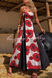 Floral Print Suspenders Paneled Back Pleated Maxi Dress