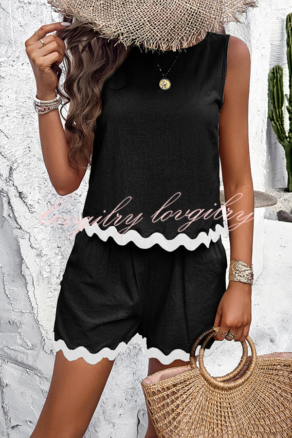 Casual Wavy Edge Buttoned Elastic Waist Shorts Set