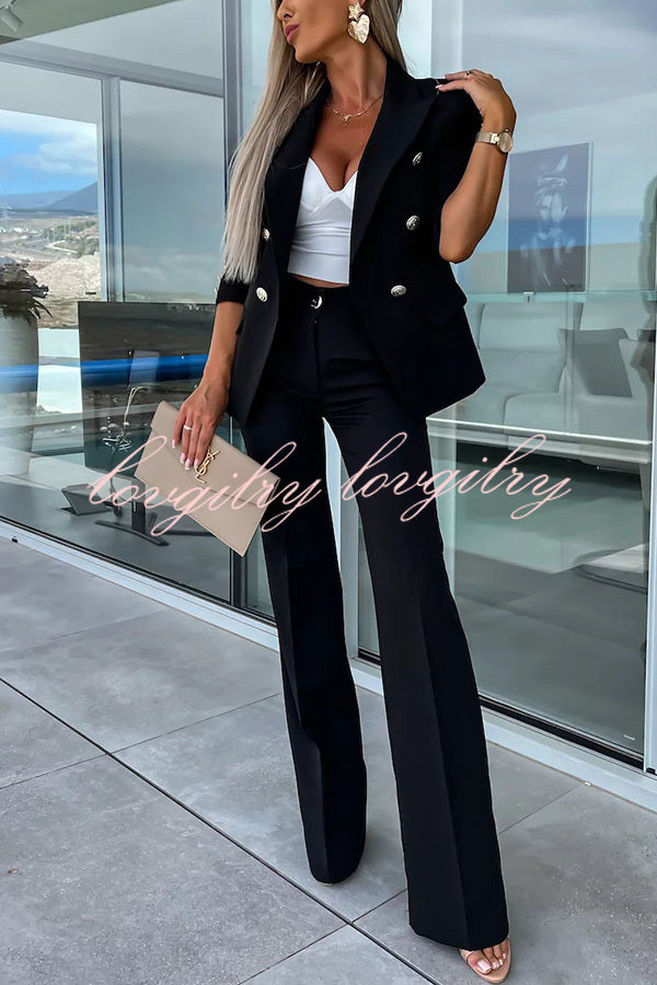 Time To Charm Lapel Button Pocket Long Sleeve Blazer Elastic Waist Pants Suit