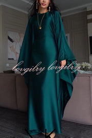 Dignified and Elegant Satin Batwing Sleeve with Waist Tie Design A-line Maxi Dress
