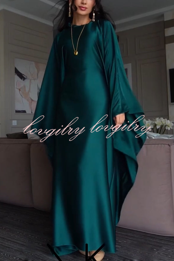 Dignified and Elegant Satin Batwing Sleeve with Waist Tie Design A-line Maxi Dress