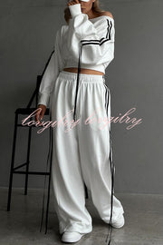 Contrast Color Webbing Casual Sweatshirt and Elastic Waist Tie Loose Pants Set