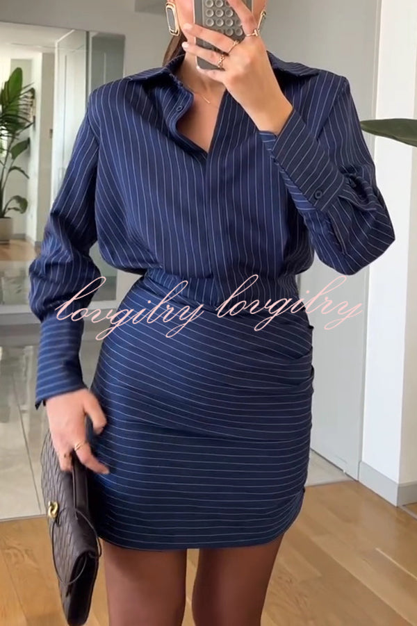 Simple and Sexy Stripe Print Long Sleeve Ruched Hem Shirt Mini Dress