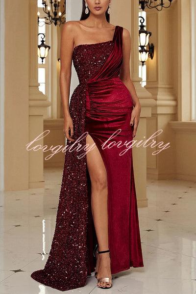 Taylor Sequin Velvet Patchwork One Shoulder Ruched Slit Prom Maxi Dress