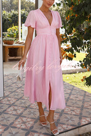 Rustic V Neck Button Zip Pleated Slit Puff Sleeve Maxi Dress