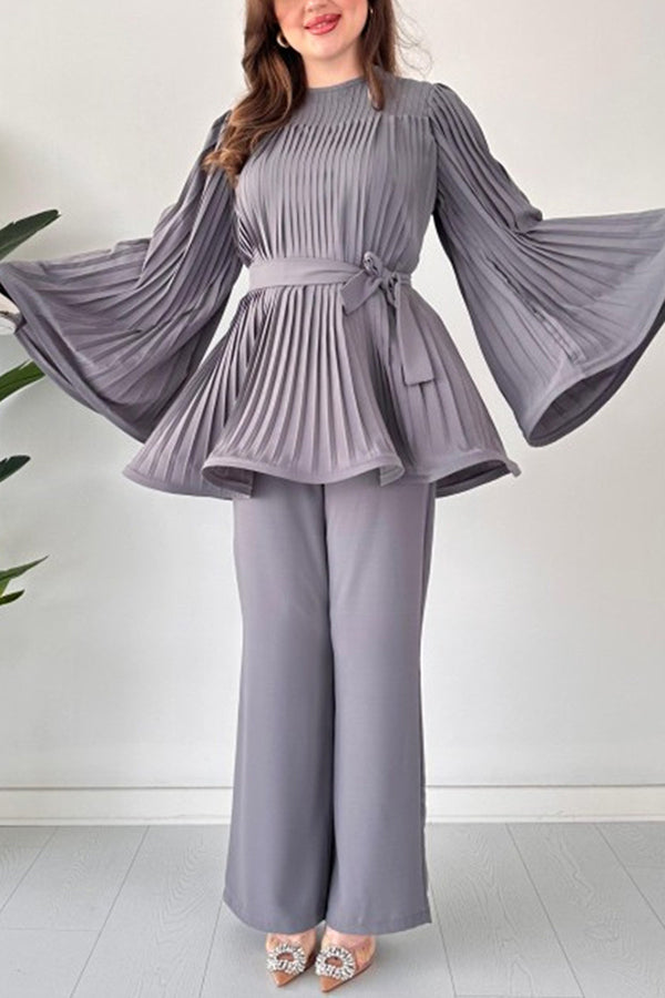 Solid Color Round Neck Flared Sleeve Pleated Tie Waist Top and Elastic Waist Casual Straight Pants Set