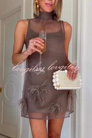 Playful Charm Sheer Chiffon Embellished Feather Back Bow H-line Mini Dress