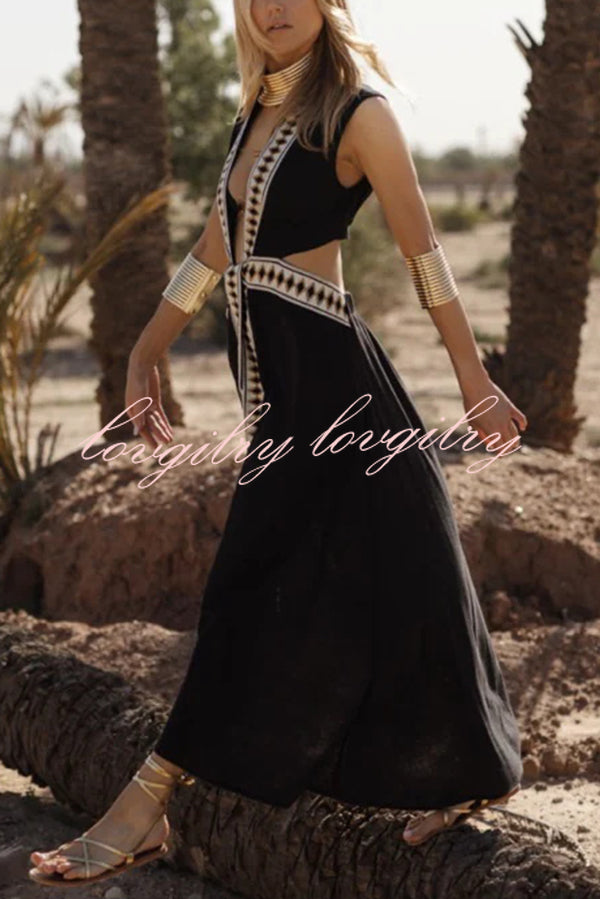 Fashionable Lock-edge Printed V-neck Lace-up Holiday Cover-up Robe