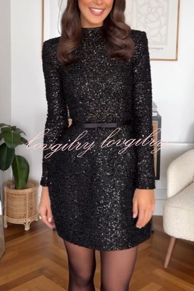 Edie Sequin High Neck Long Sleeve Satin Bow Belted Tulip Mini Dress
