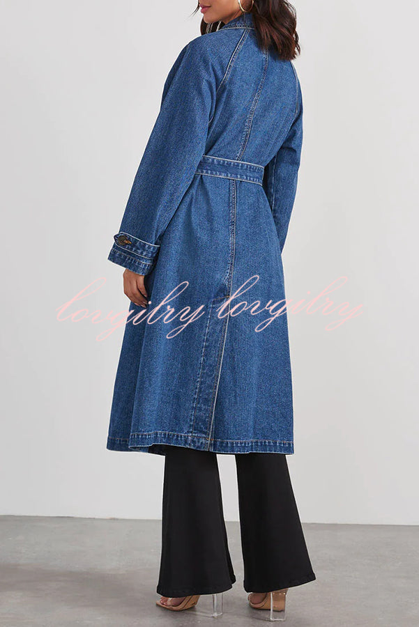 Solid Color Denim Double Pocket Button Down Midi Trench Coat