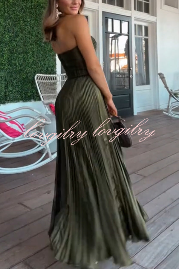 Love Note Satin Sweetheart Twist Off Shoulder Pleated Maxi Dress