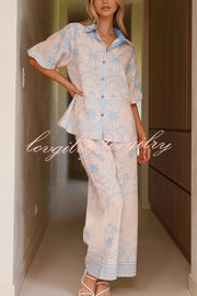 Linen Blend Lapel Puff Sleeve Loose Shirt and Casual Pocket Straight Pants Set