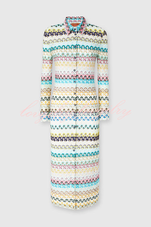 Anna Knit Colorful Herringbone Print Shirt Neck Button Long Sleeve Slim-fit Long Cardigan